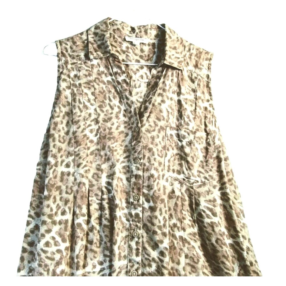 Viscose Shift A line Dress Women's M Button Up Pockets Taupe Animal Print